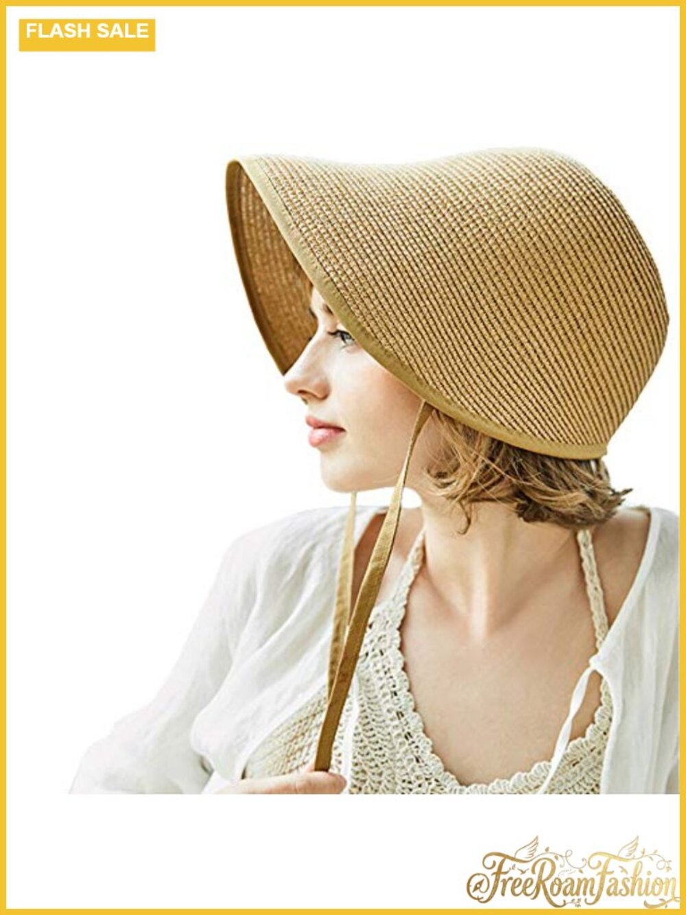 French Straw Bonnet Sun Hat Foldable Wide Brim Chin Strap Victorian Cap